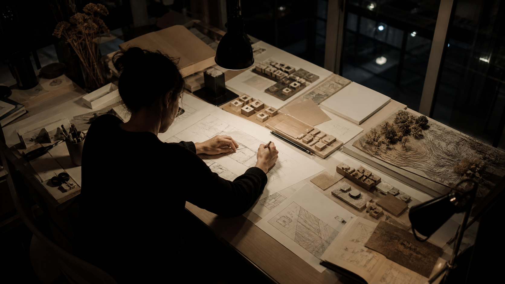 An architect working on a model at a studio desk